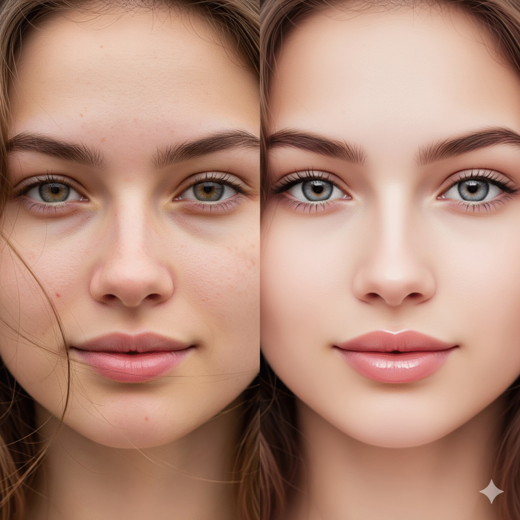 “Comparison of real face and AI beauty filter transformation”