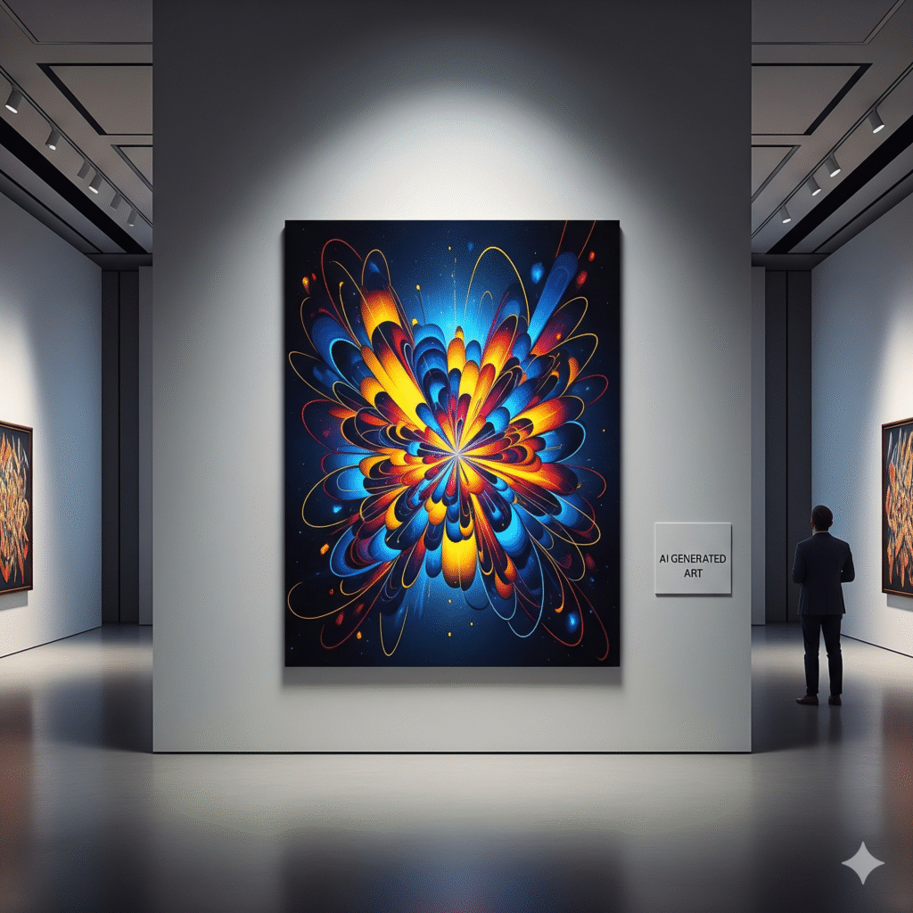 “AI-generated abstract art displayed in gallery.”