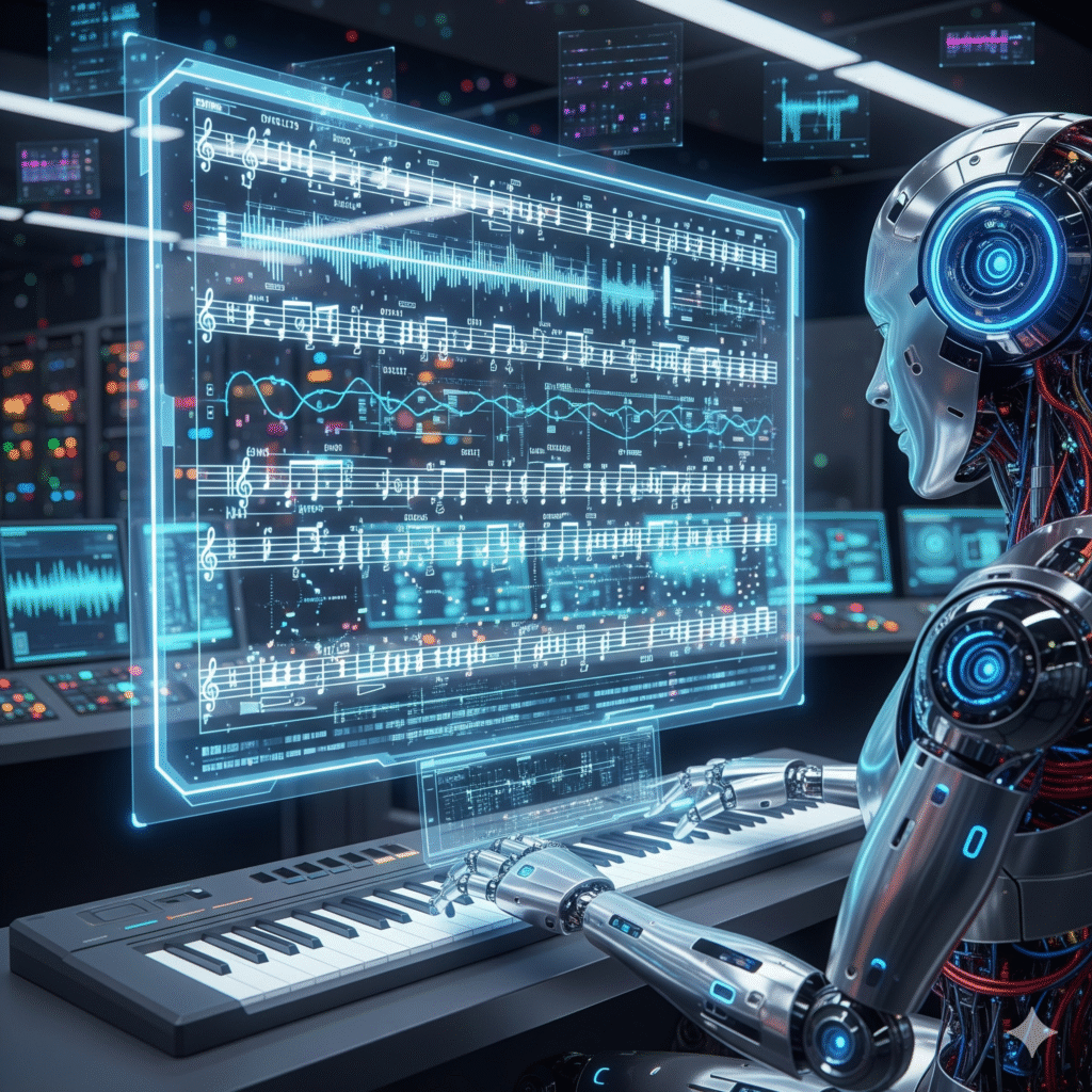 “AI software generating music notes automatically.”