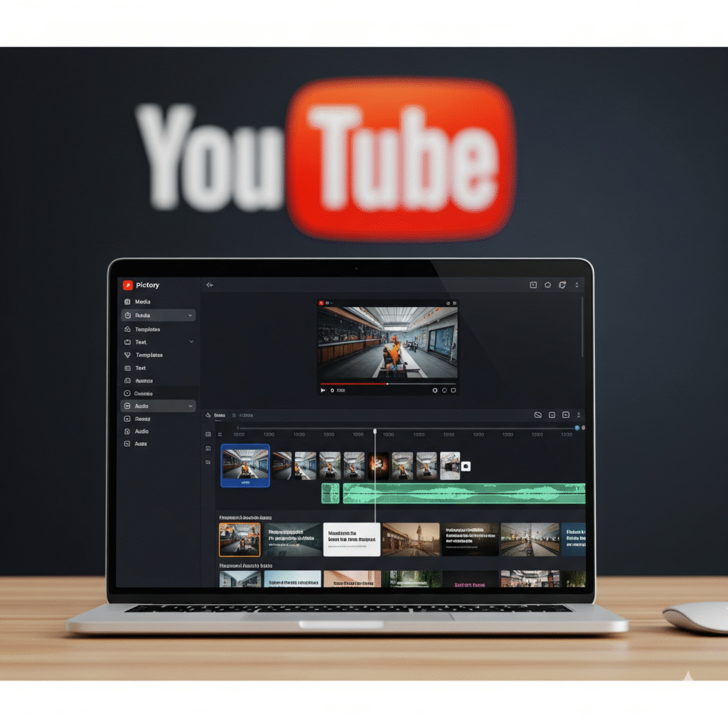 “AI tools for faceless YouTube videos showing editing software and YouTube logo on laptop”