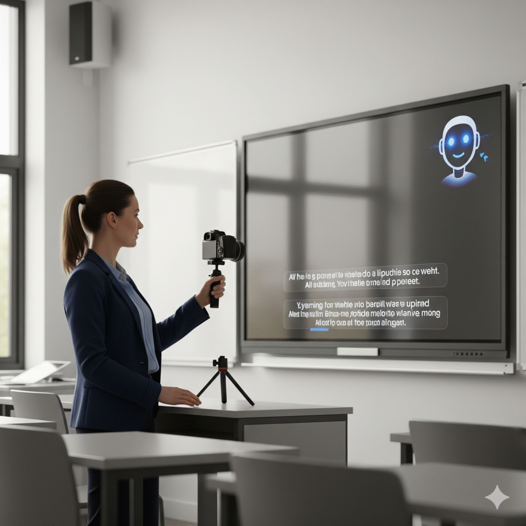 “Teacher recording a digital lesson with AI assistance for course creation.”