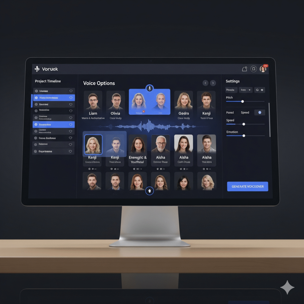 “AI voiceover software dashboard with multiple realistic voice options”