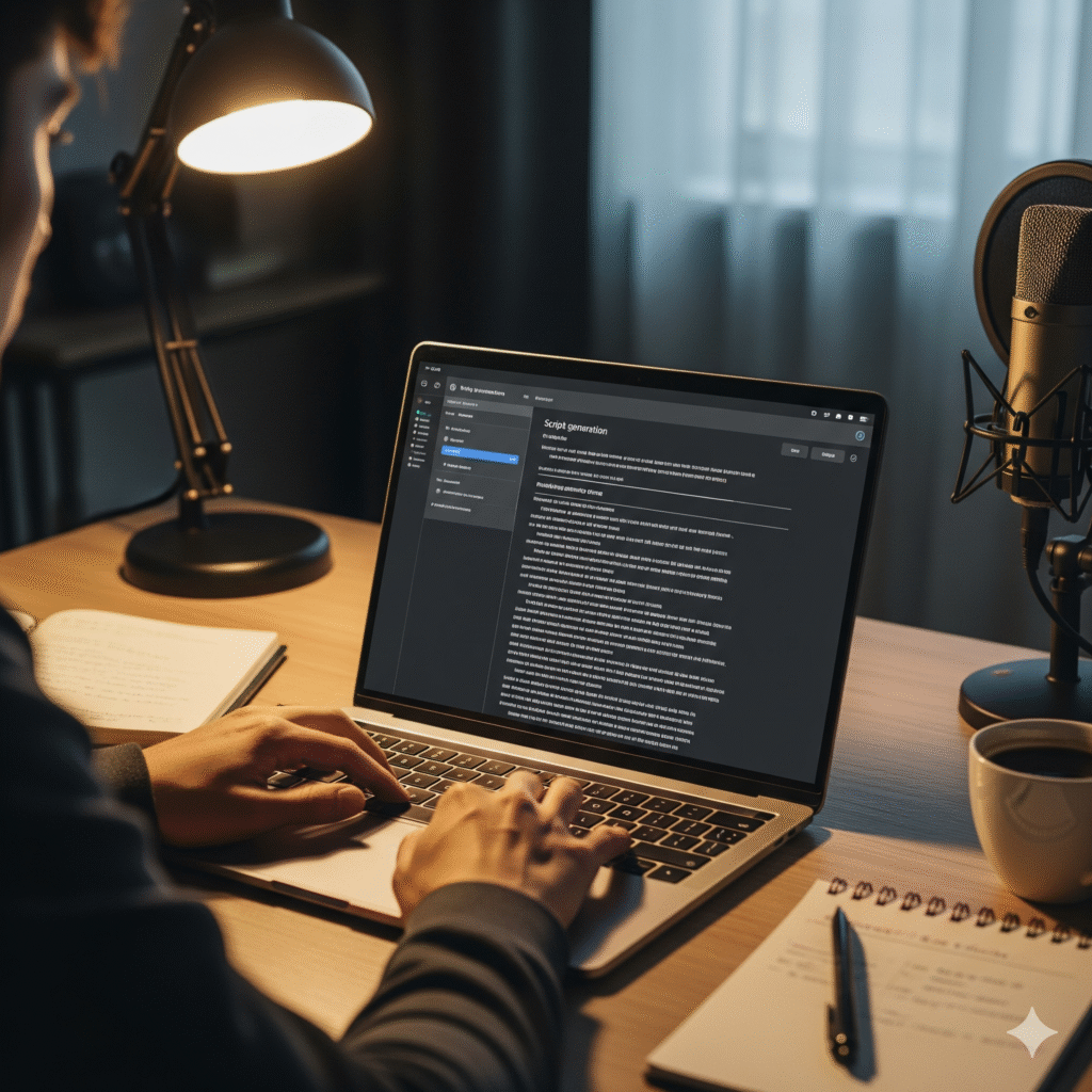 “Content creator writing faceless YouTube video script with AI software”