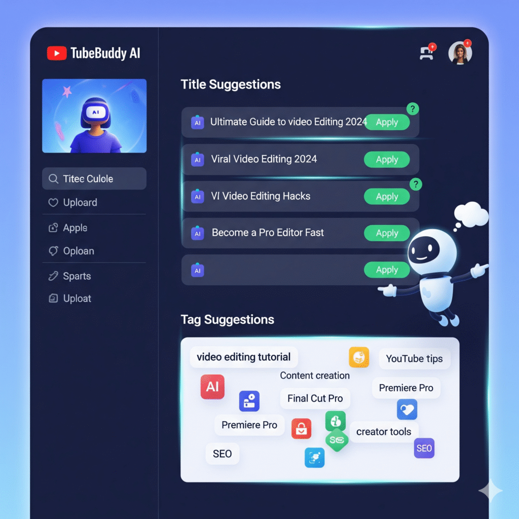 “TubeBuddy AI tool suggesting optimized YouTube titles and tags”