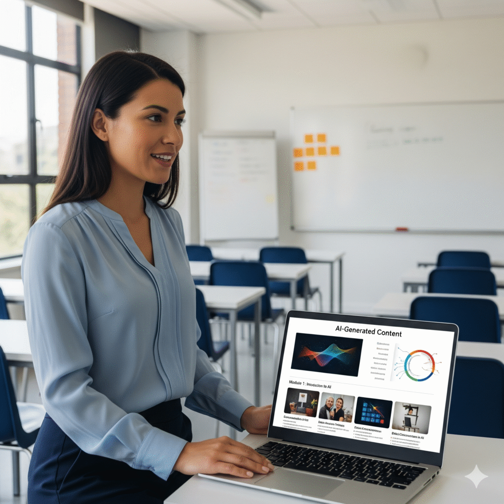 “Teacher using AI tools on laptop to create and sell digital courses.”